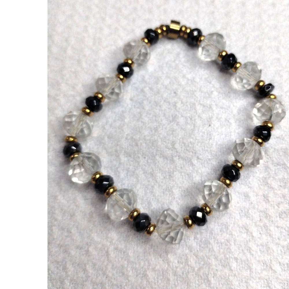 Faceted Glass Bead Bracelet Clear Black Gold Tone No Clasp Non-Stretch Elegant